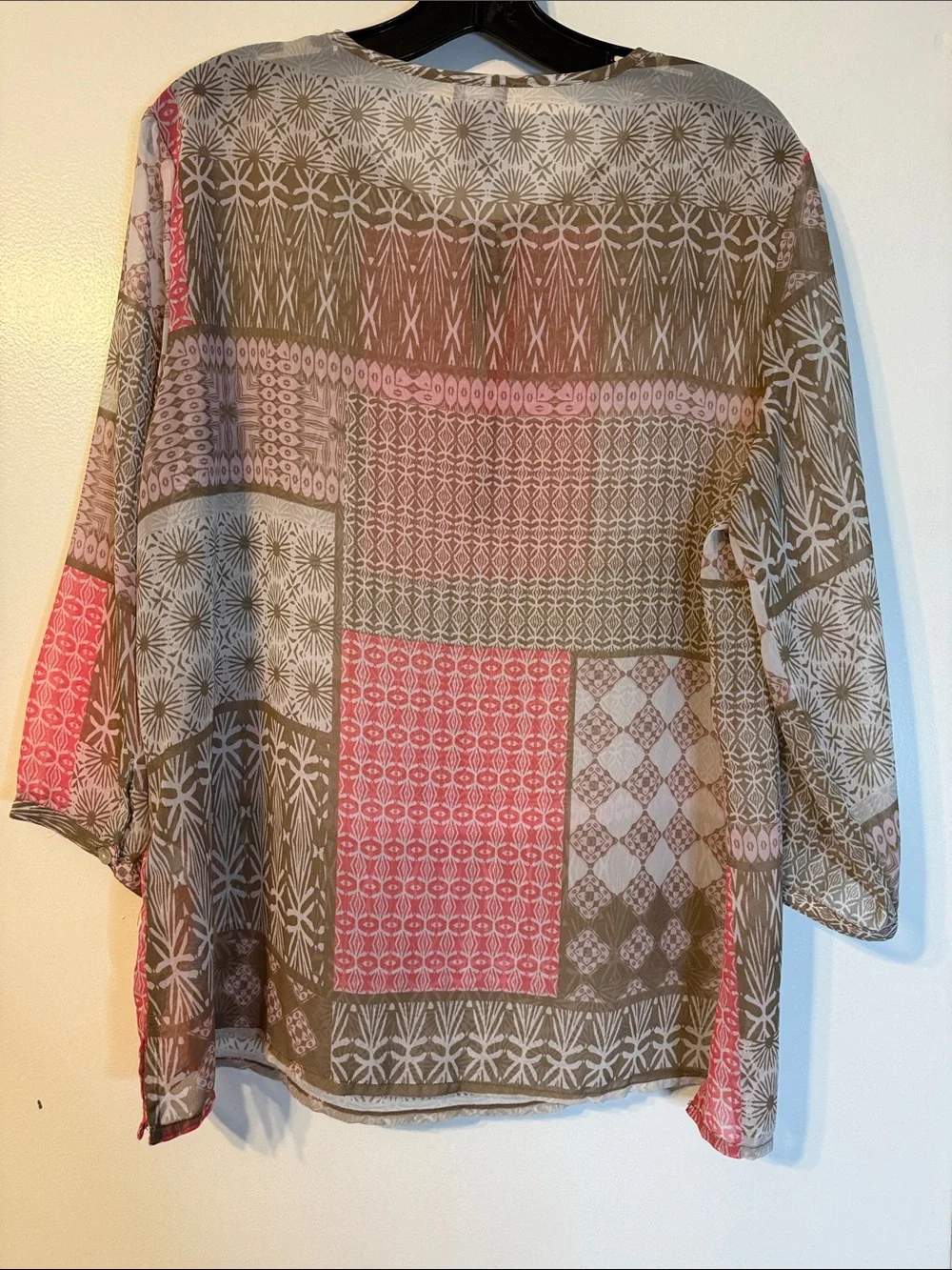 Chico's Olive, Coral & Cream Patchwork Tie-Neck Blouse